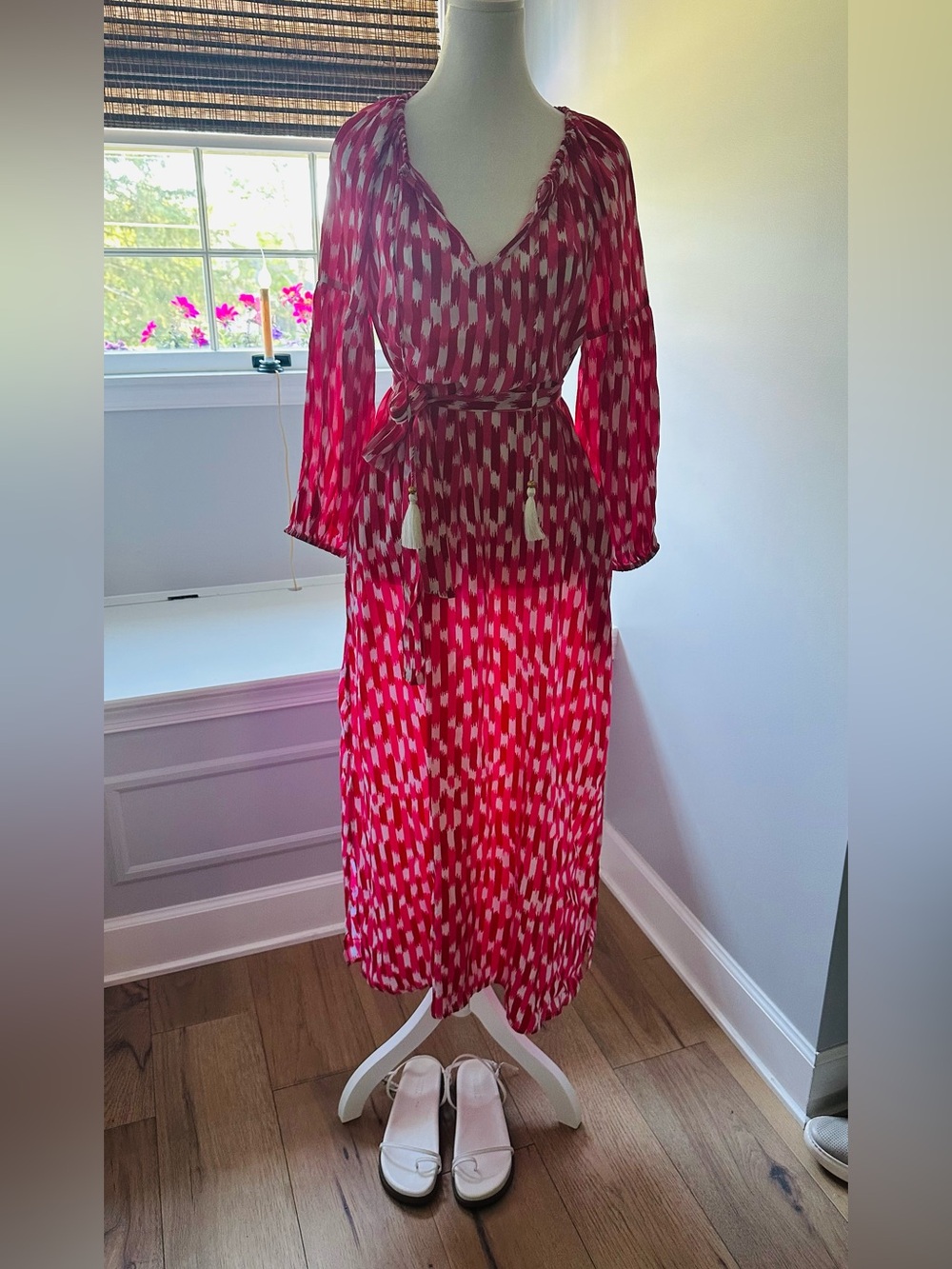 Tommy Bahama Pink  Ikat Printed Long Sleeve Midi  Dress with Tie Belt
